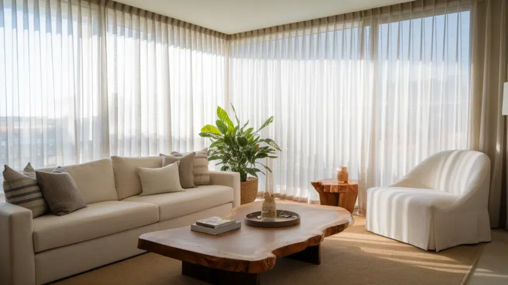 whisper-light sheer curtains softly diffusing sunlight through a bright window, creating an airy and minimal look in a modern room