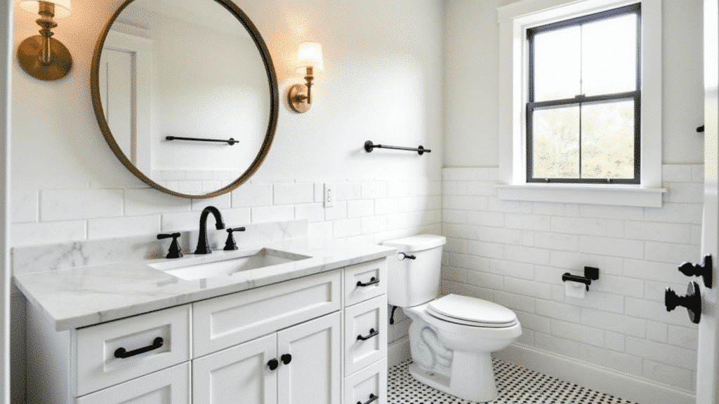 white Shaker vanity bathroom with intentional mix of matte black faucet and antique brass cabinet hardware