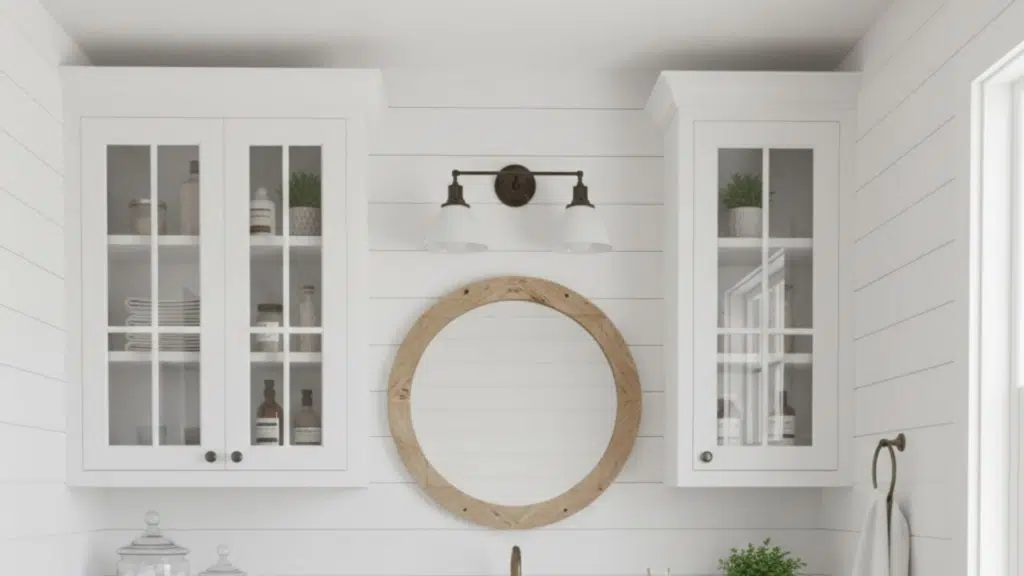 white bathroom with a farmhouse sink, wooden mirror, and organized shelves