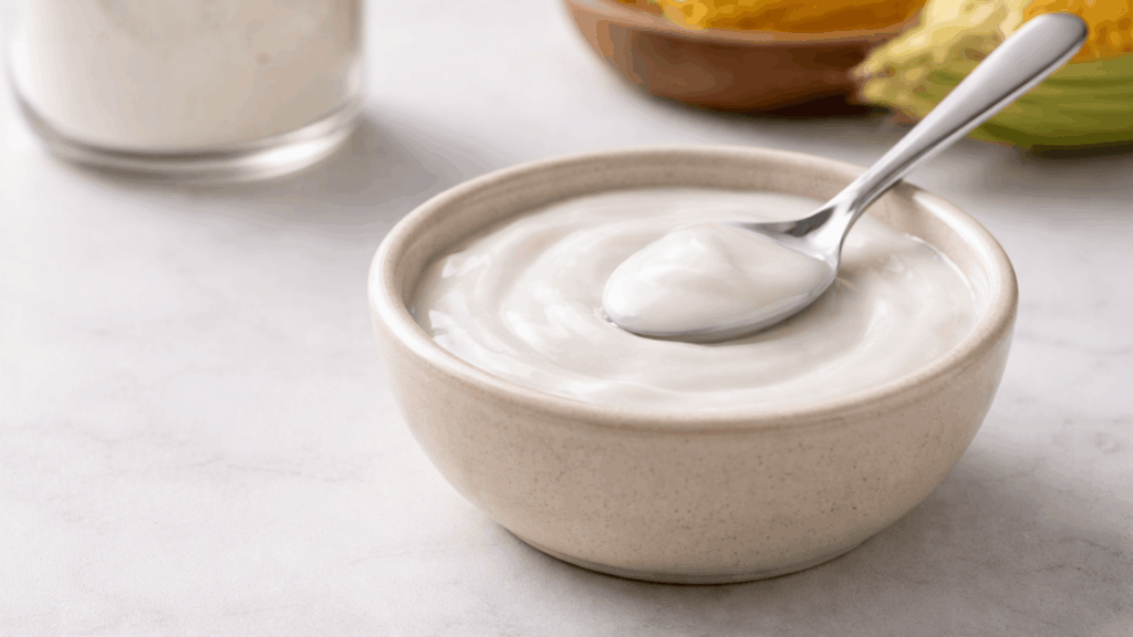 white cornstarch paste in a small ceramic bowl with a spoon inside and a pile of dry cornstarch powder placed beside it on a countertop
