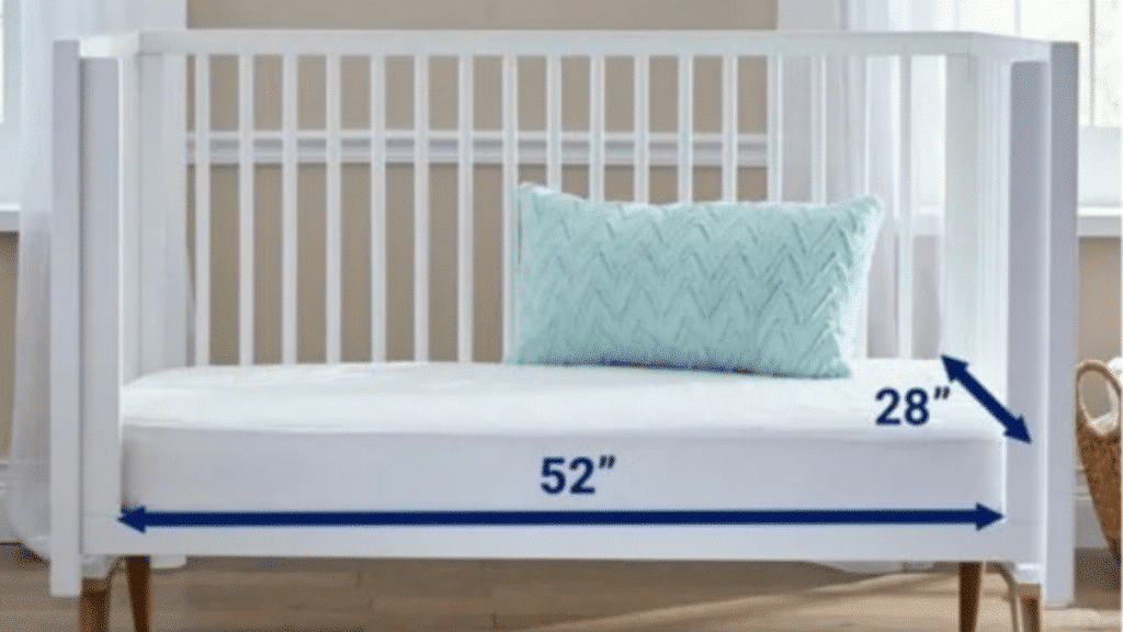 white crib daybed with 52 inch length and 28 inch depth measurement arrows displayed