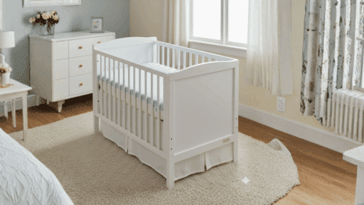 white crib with mattress showing dimensions 52 inches long by 28 inches wide. (1)