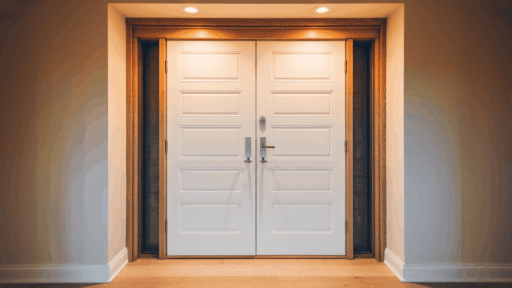 white double prehung door with oak wooden frame and silver handles installed in a modern home interior hallway