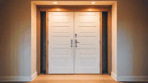 white double prehung door with oak wooden frame and silver handles installed in a modern home interior hallway