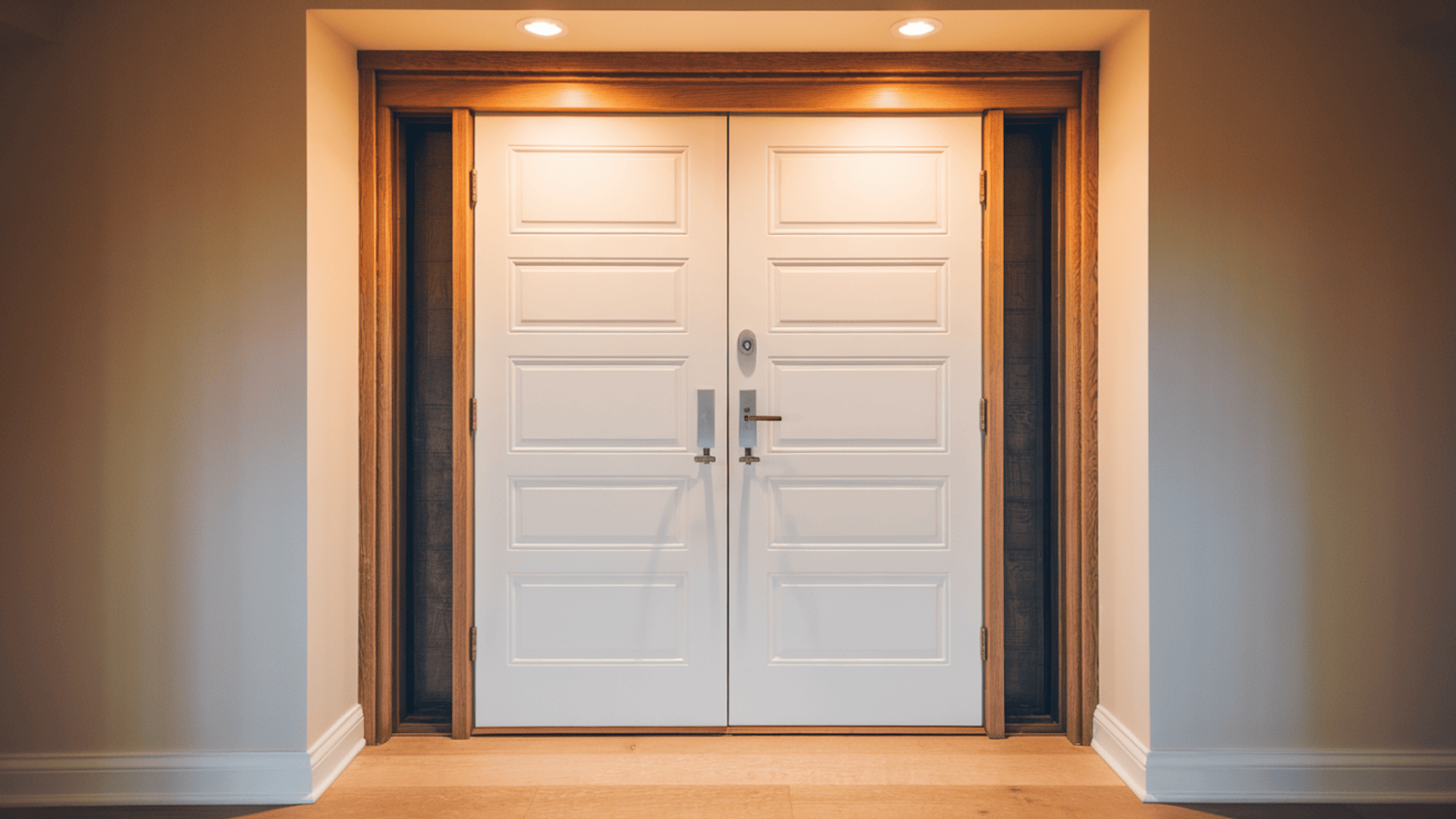 white double prehung door with oak wooden frame and silver handles installed in a modern home interior hallway