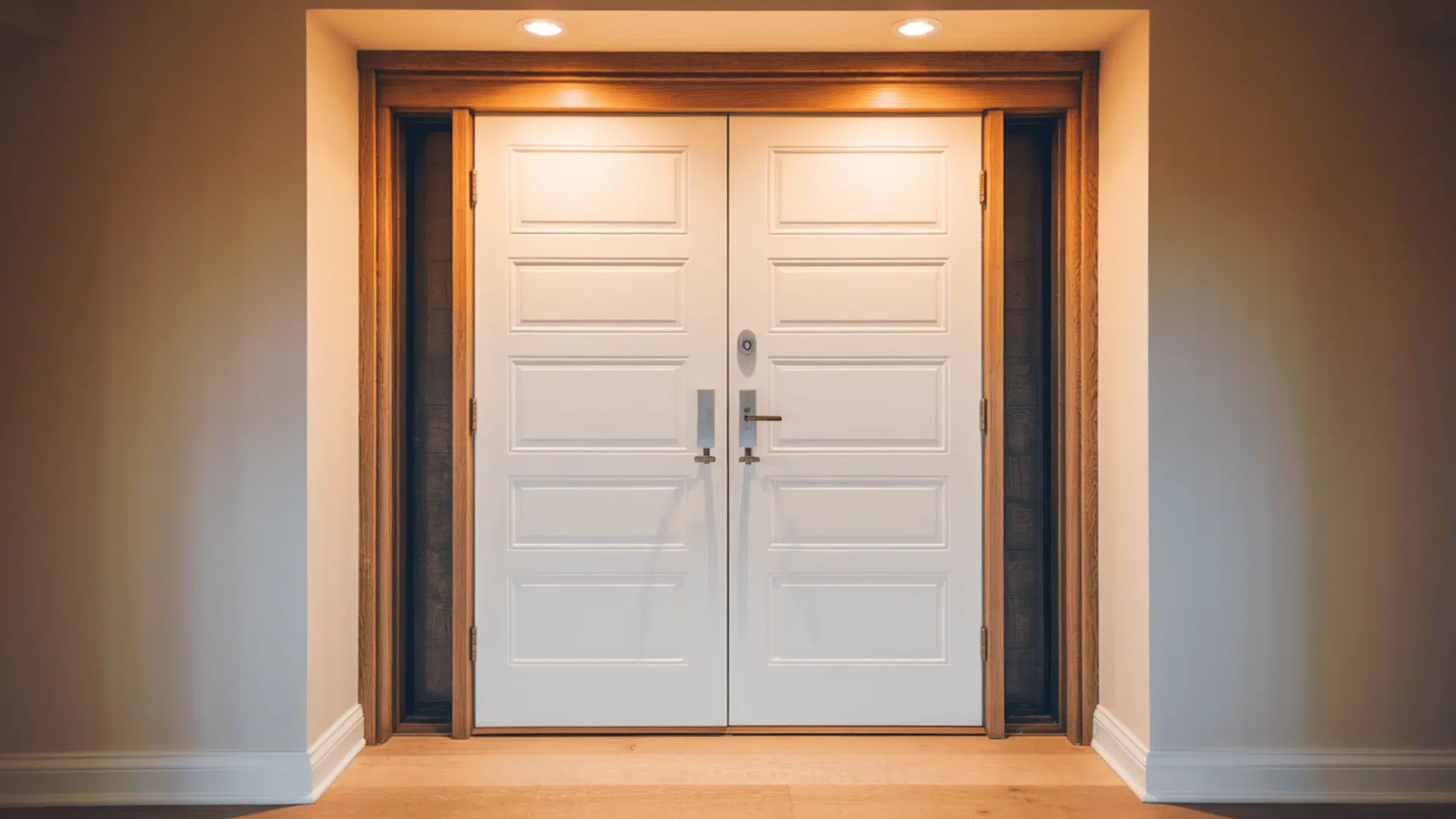 white double prehung door with oak wooden frame and silver handles installed in a modern home interior hallway