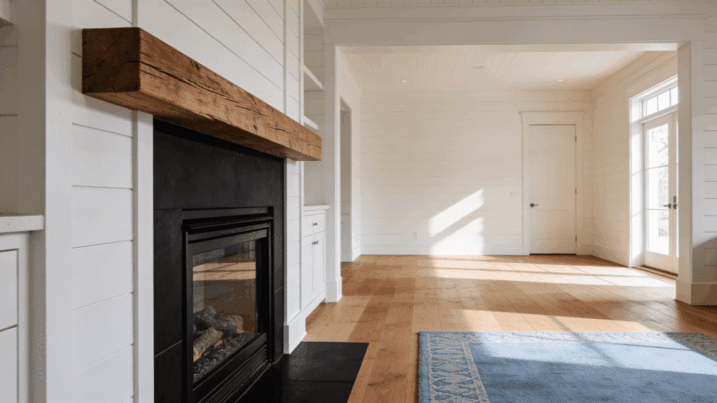 white farmhouse living room with black fireplace surround and wood mantel