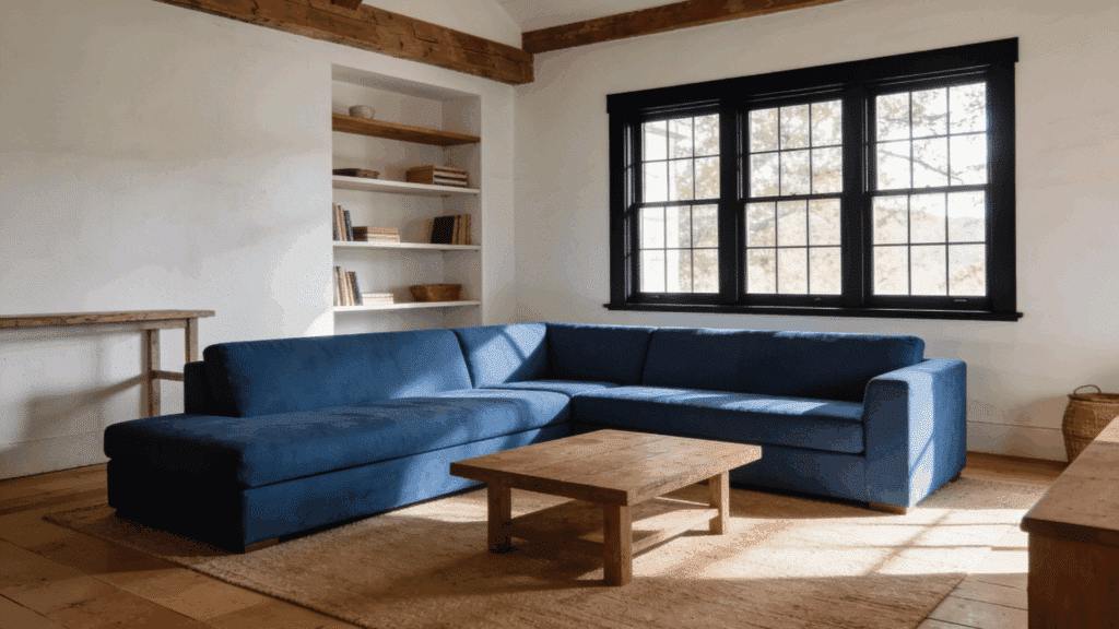 white farmhouse living room with bold blue sofa and black window frames