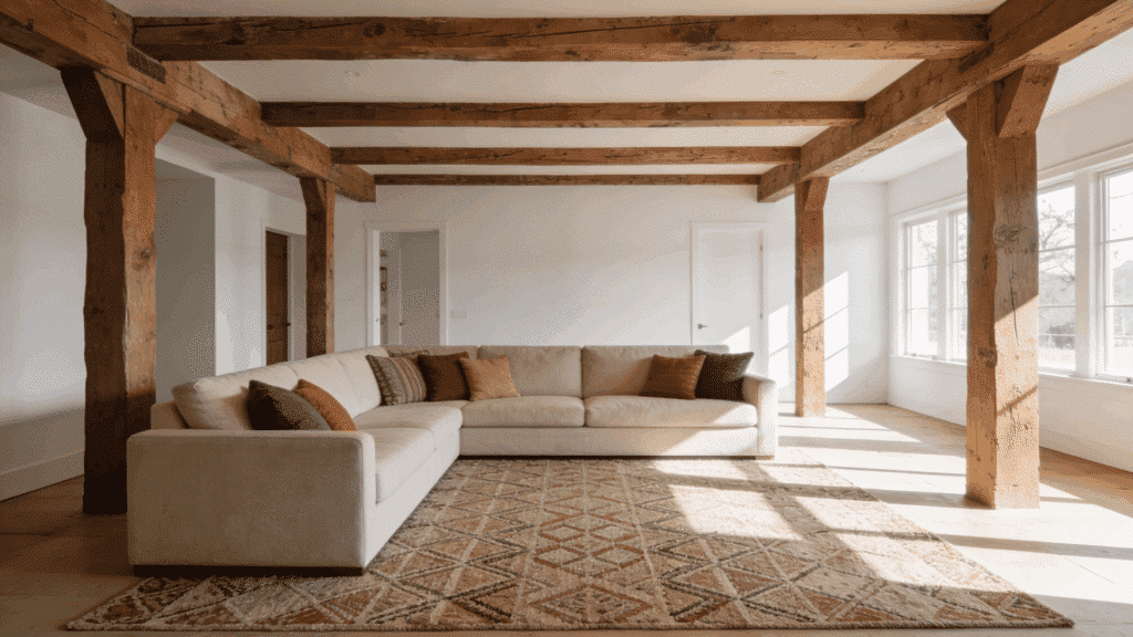 white farmhouse living room with built-in shelves and brown leather sofa