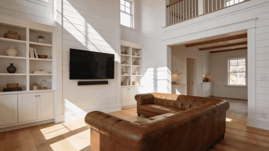 white farmhouse living room with built-in shelves and brown leather sofa