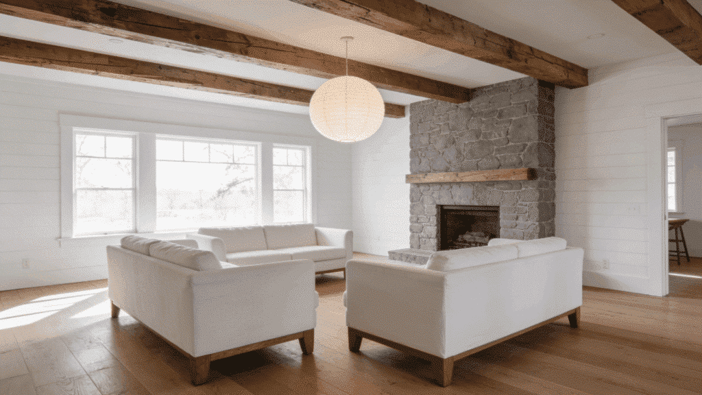white farmhouse living room with round ceiling light and exposed beams