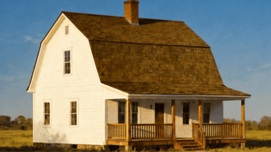 white farmhouse with wooden porch, pitched roof, and chimney set in an open rural landscape under a clear blue sky