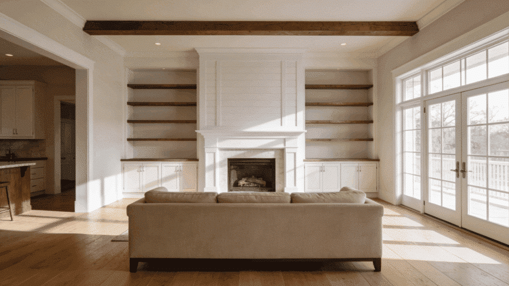 white fireplace with open shelving in bright farmhouse living room