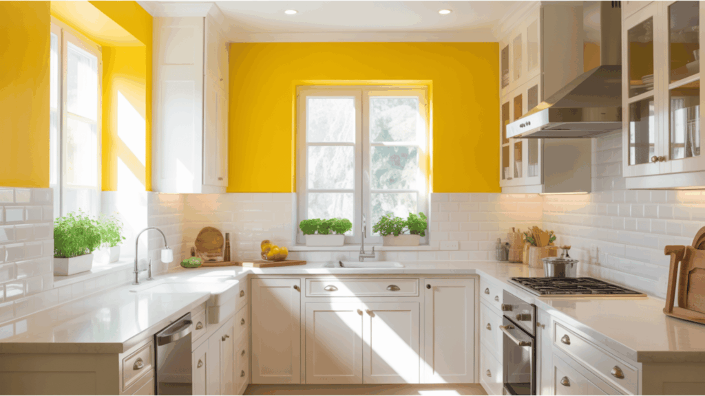 white kitchen with bold yellow accent wall, subway tiles, and bright natural light.