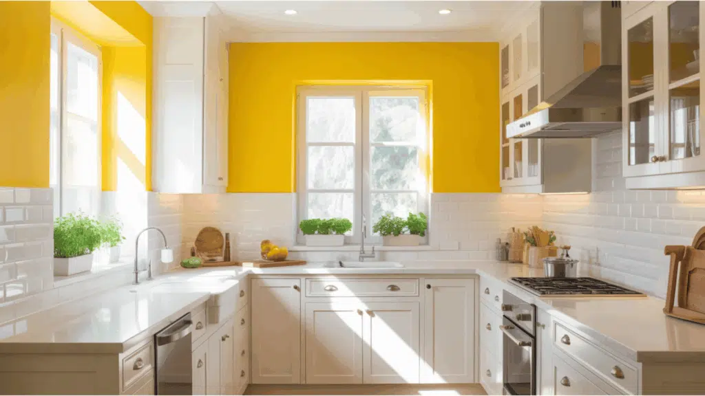 white kitchen with bold yellow accent wall, subway tiles, and bright natural light.