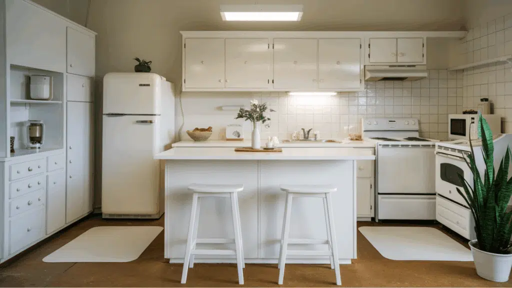white kitchen with matching cabinets, consistent hardware, and coordinated backsplash and countertop tones.
