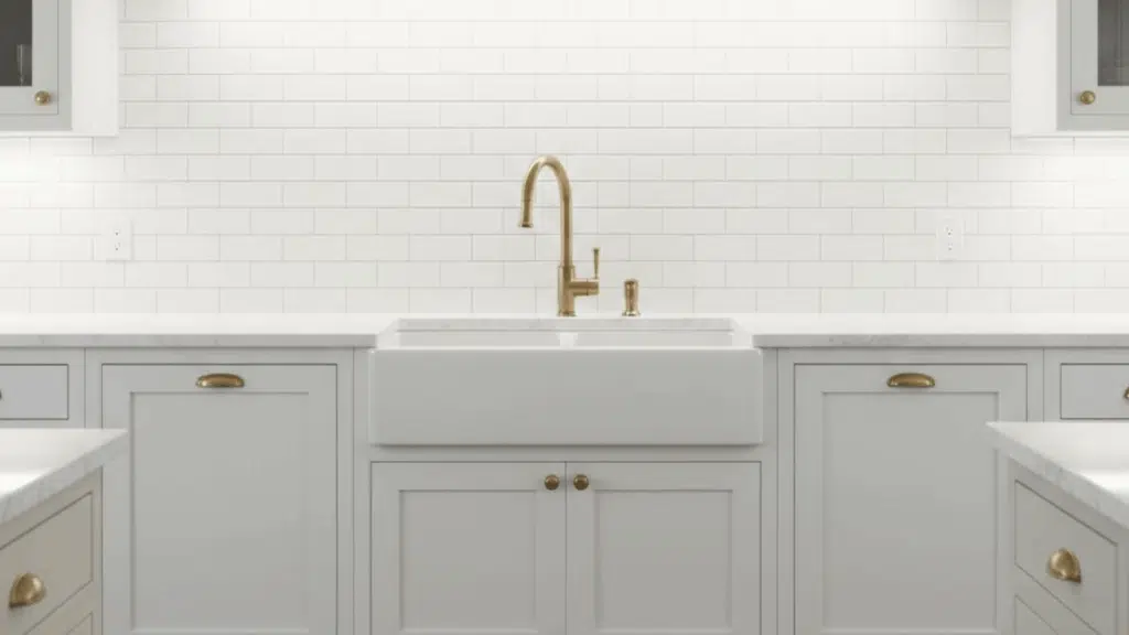 white kitchen with subway tile backsplash, farmhouse sink, brass faucet, and glass pendant lights