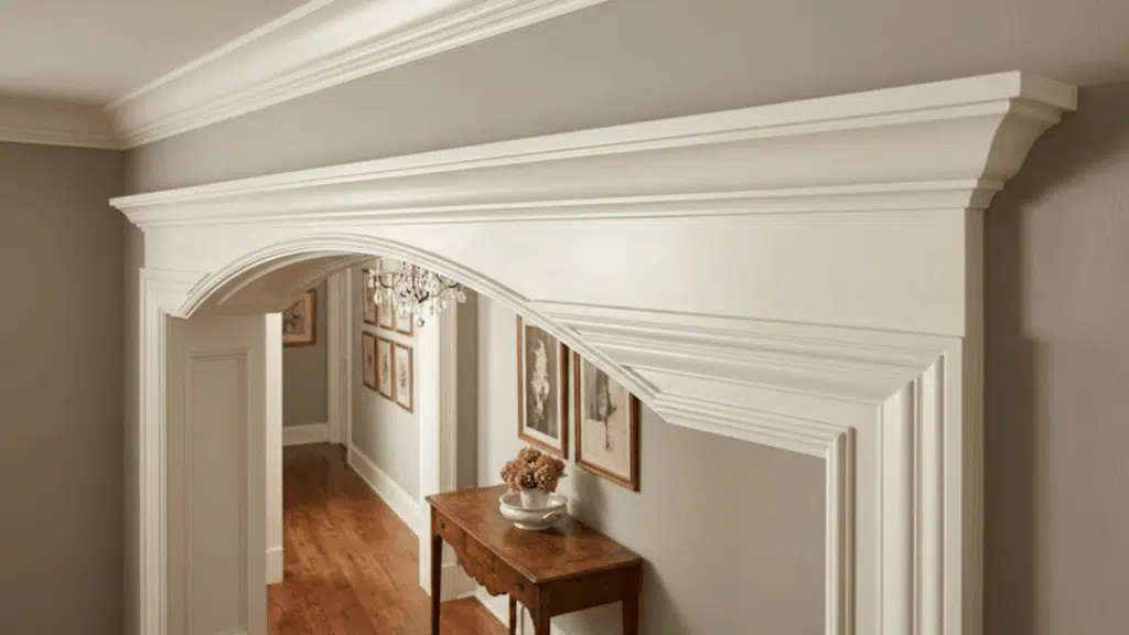 white painted decorative interior trim with detailed molding over doorway in a hallway with wood flooring and neutral walls