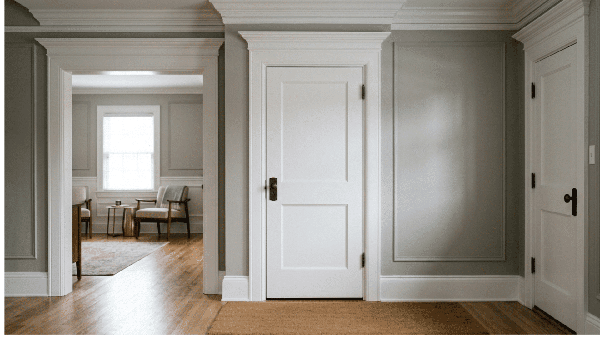 white painted interior doors and trim in a modern hallway with gray walls, crown molding, and wood flooring