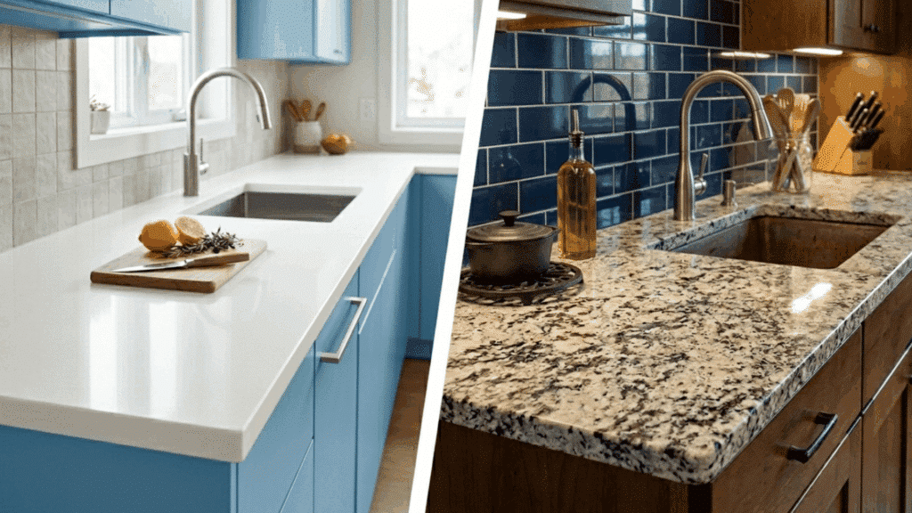 white quartz countertop with modern blue cabinets vs natural granite countertop with textured surface and kitchen setup