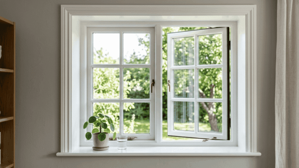 white window trim with open pane, natural light, indoor plant on sill, and green garden view outside (1)