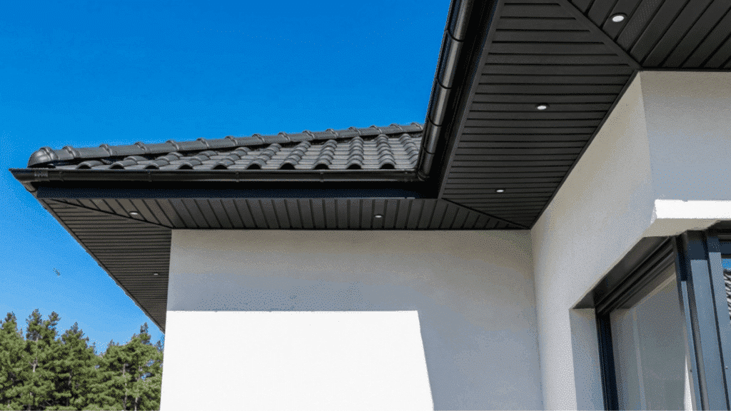 wide eaves close-up showing a deep roof overhang extending past the exterior wall with a visible soffit and fascia casting shade below
