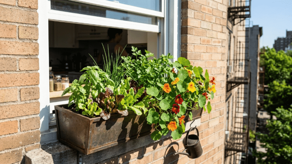 window box garden on brick apartment wall with herbs lettuce and colorful flowers growing beside an open kitchen window overlooking city
