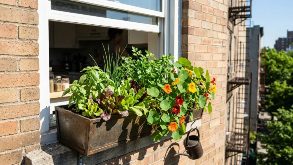 window box garden on brick apartment wall with herbs lettuce and colorful flowers growing beside an open kitchen window overlooking city
