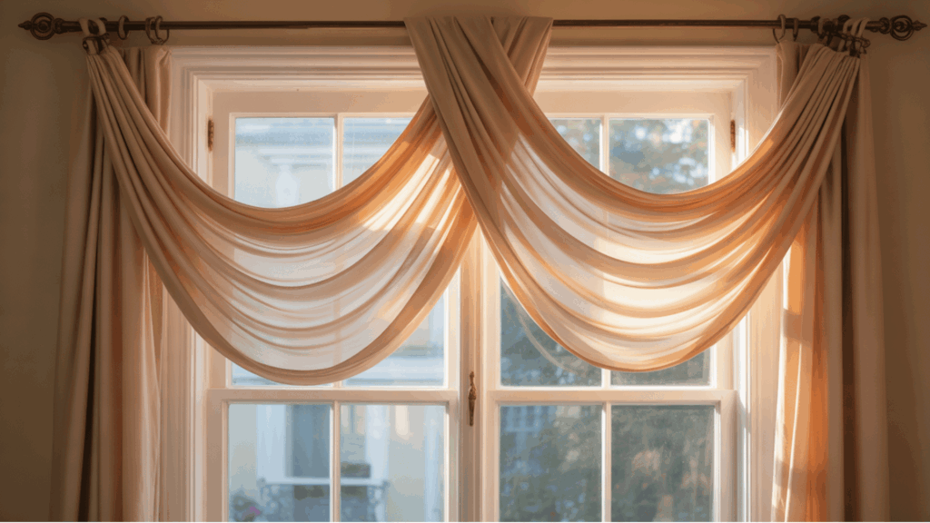 window scarf curtains draped over a rod creating soft curves in a stylish sitting room.