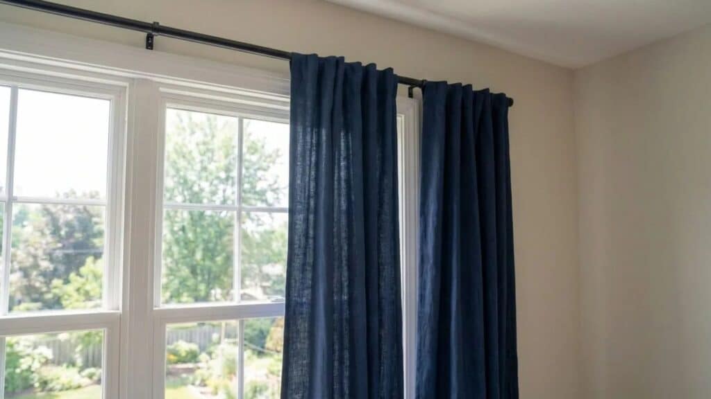 window with a black curtain rod and dark blue curtains installed above the frame in a bright room