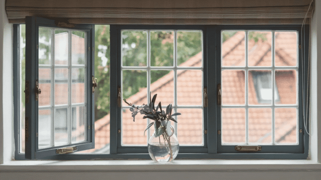 window with blue frame and a small vase of purple flowers on the windowsill