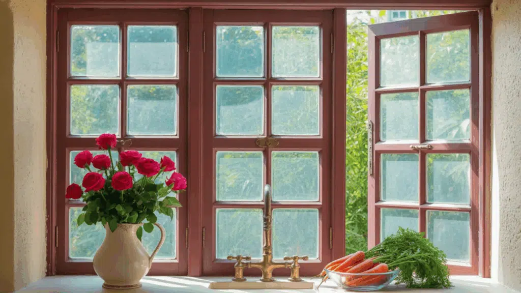 window with red frame, a vase of pink roses, a vintage faucet, and a bowl of carrots on the windowsill