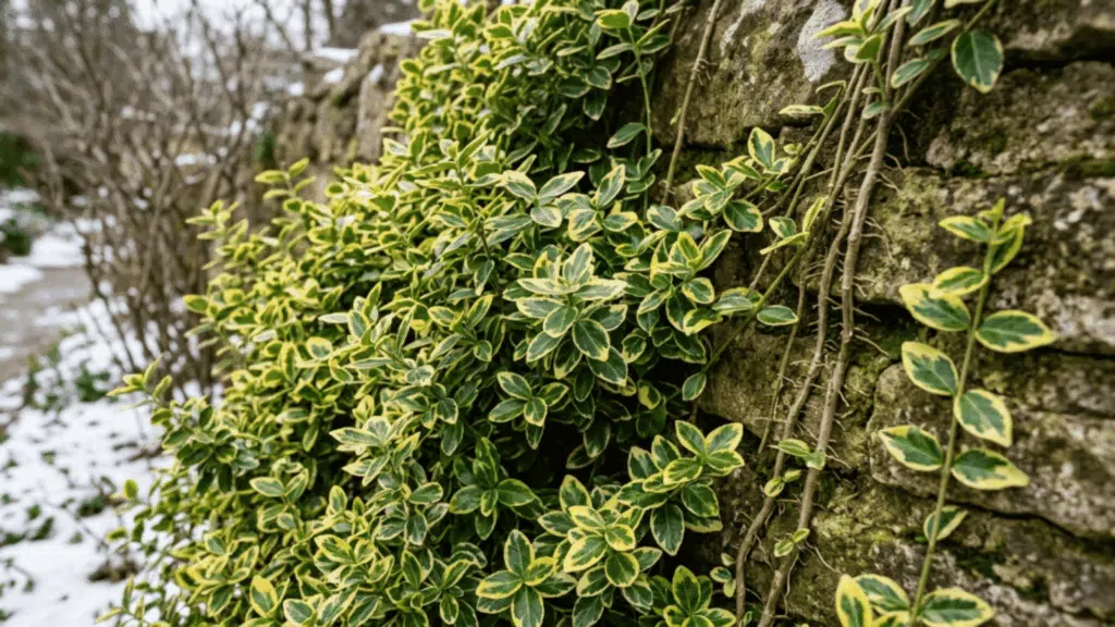 wintercreeper close view with variegated green leaves and climbing texture in soft light plant fully visible not cut from above with sharp detail