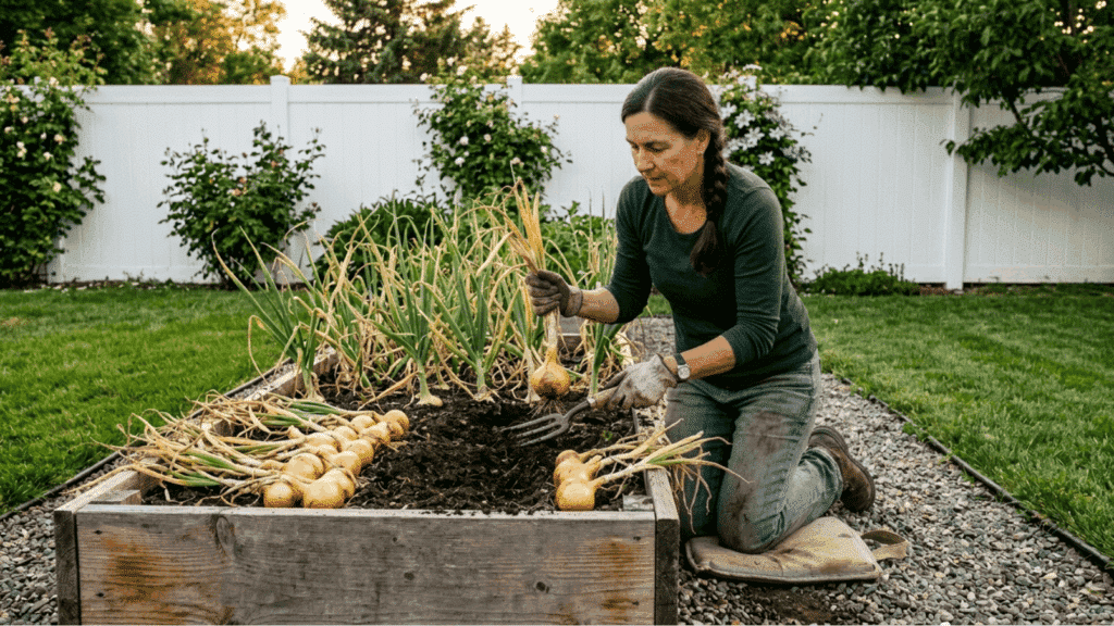 woman with a braid kneeling by a garden bed, harvesting large yellow onions and laying them in a row on the dark soil