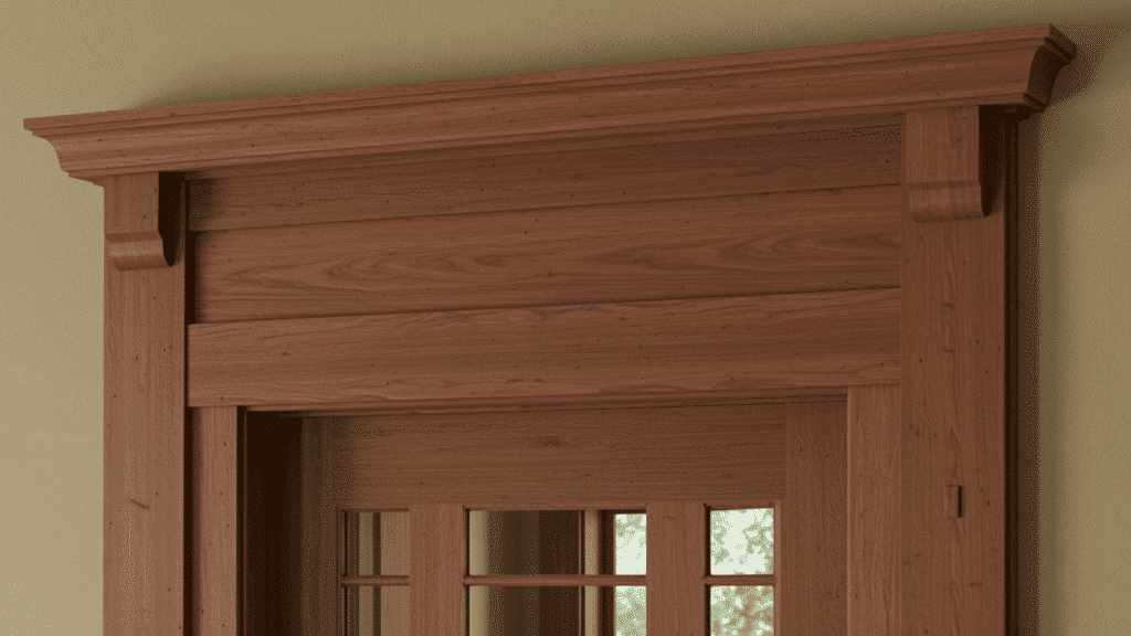 wood Craftsman door casing with thick trim and flat header design in a warm, cozy interior space