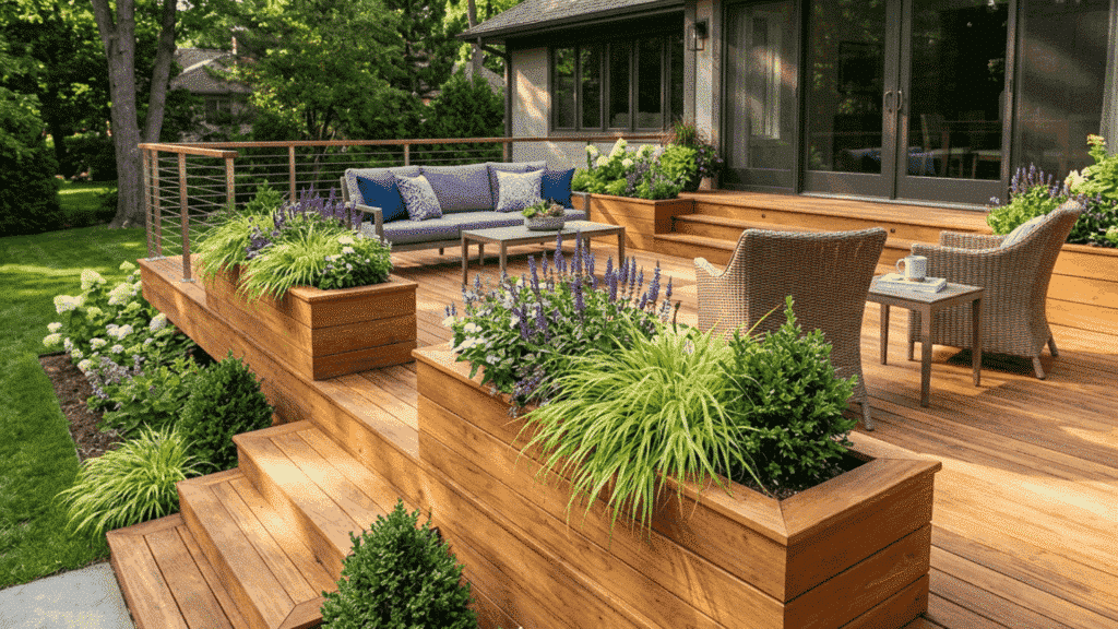 wood deck patio with built-in planter boxes and outdoor seating in a modern backyard landscape.
