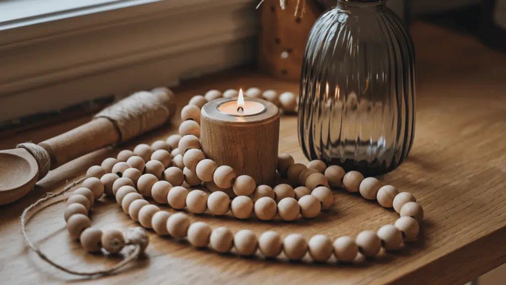wooden bead strands draped loosely around a candle holder and a vase on a kitchen table in a natural rustic arrangement