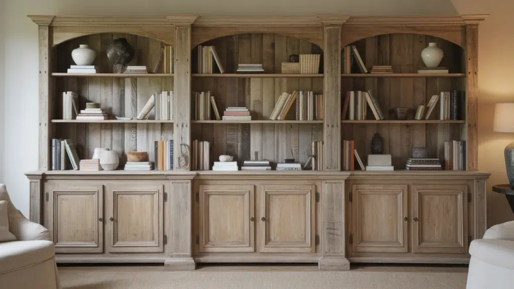 wooden bookshelf with various books and decorative items, set against a neutral wall with a cozy atmosphere