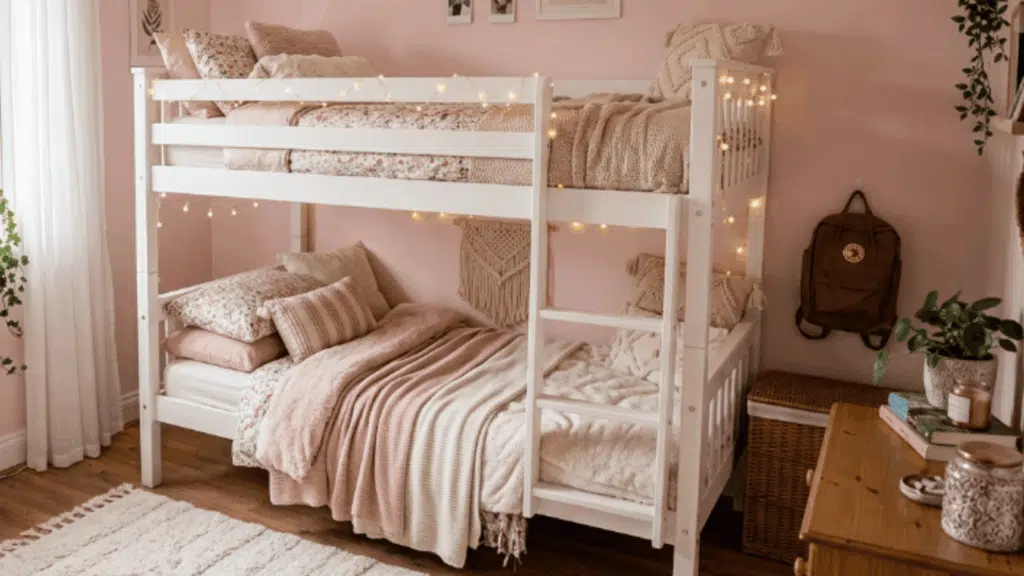 wooden bunk bed with soft curtains layered bedding warm lighting and cozy cottage style creating a comfortable shared bedroom space