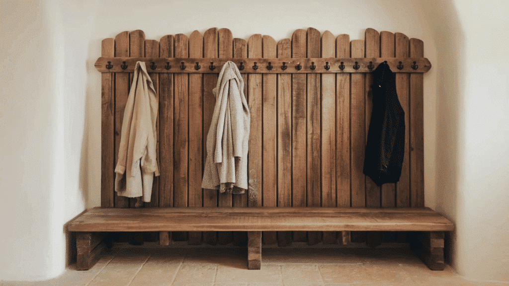 wooden coat rack with hooks and a bench in a rustic entryway