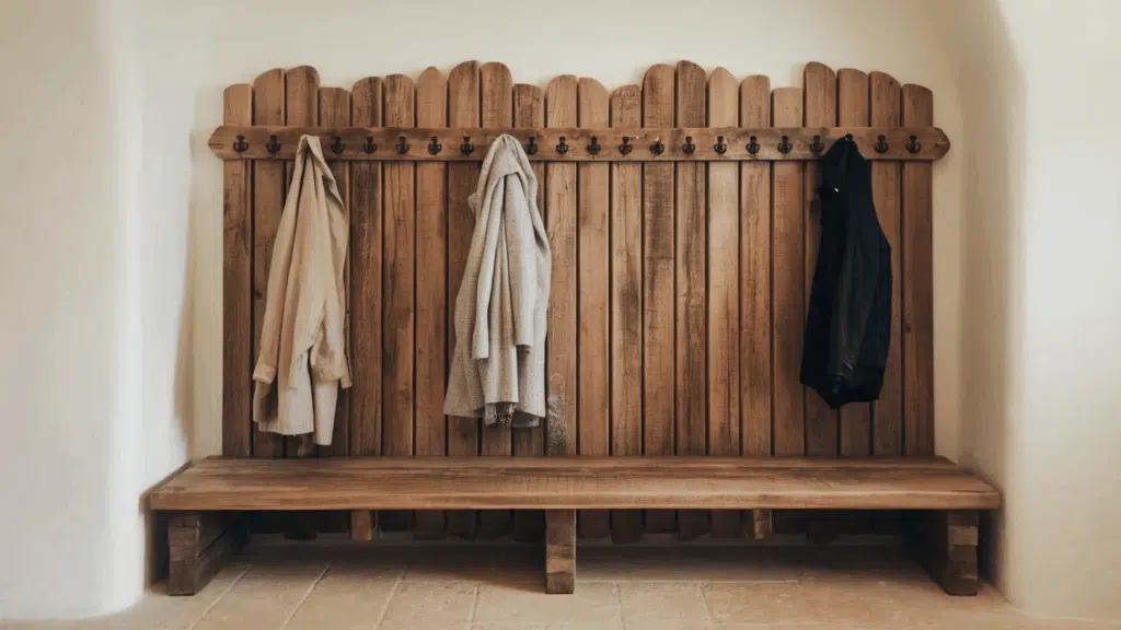 wooden coat rack with hooks and a bench in a rustic entryway