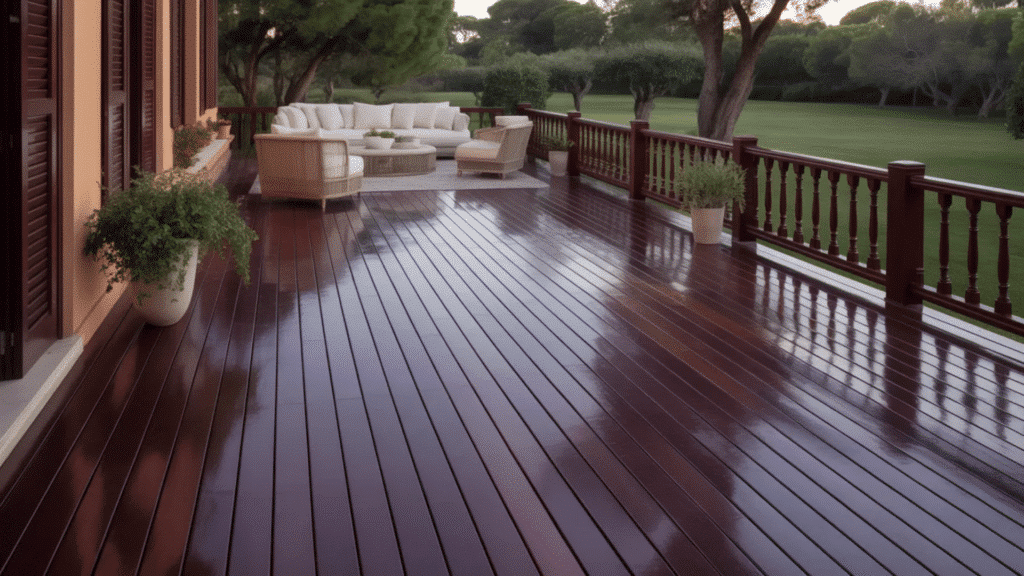 wooden deck with a seating area, surrounded by potted plants and a well-maintained railing.
