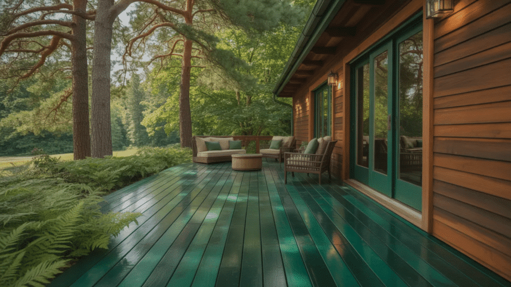 wooden deck with green-painted planks, cozy seating, and a natural, wooded backdrop.