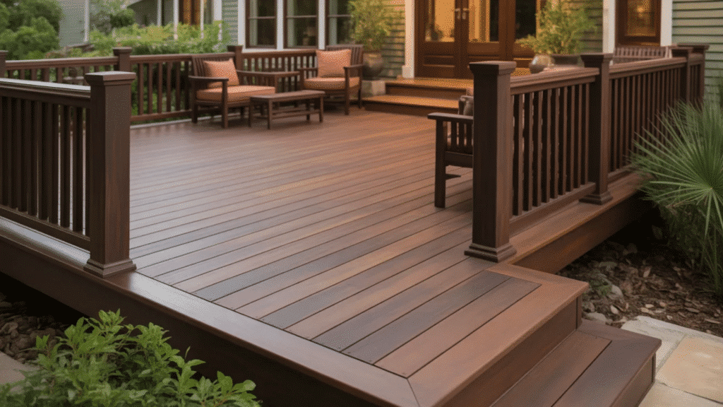 wooden deck with matching furniture, railings, and warm tones, complemented by plants.