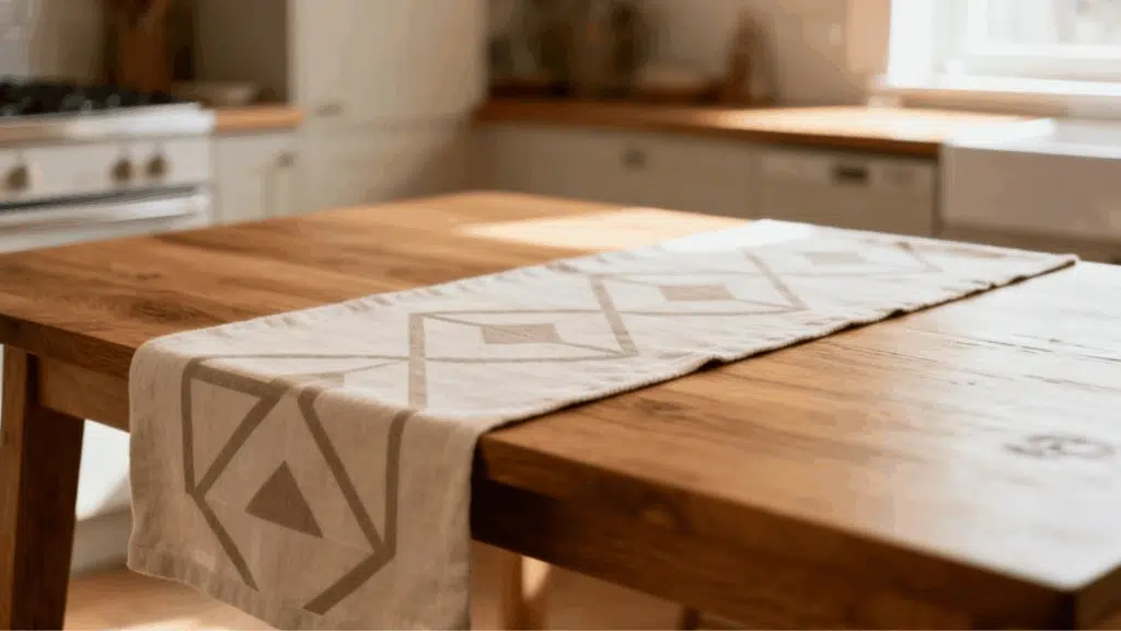 wooden dining table with neutral patterned table runner in a bright kitchen, featuring warm sunlight and soft minimalist decor
