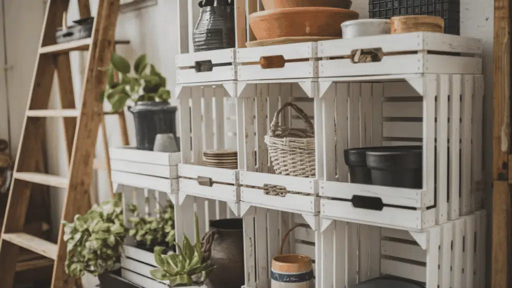 wooden ladder next to white crates with plants and pottery