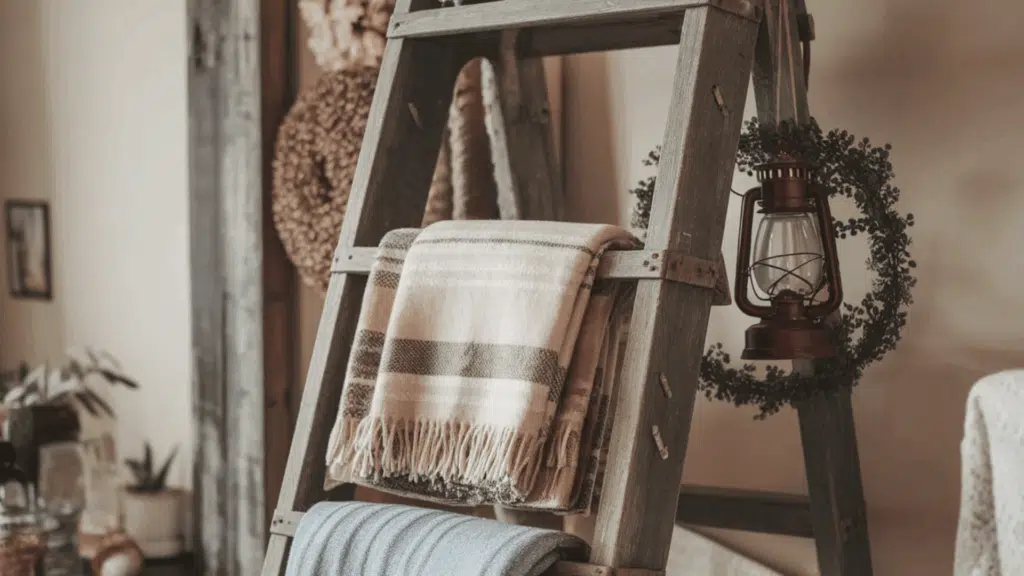 wooden ladder with blankets, an oil lantern, and a greenery wreath