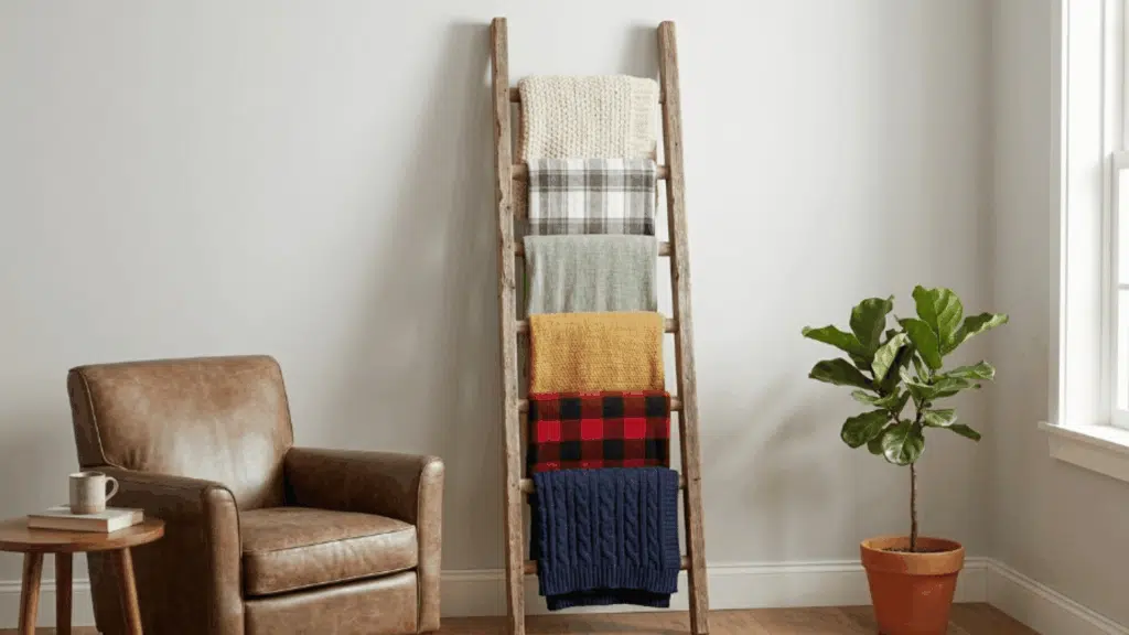 wooden ladder with blankets soft fabrics warm lighting and cozy cottage corner creating a relaxed and functional decor setup