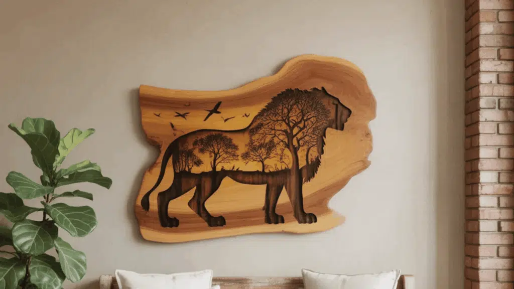 wooden lion wall art with trees and birds inside the silhouette, placed above a wooden bench with white cushions