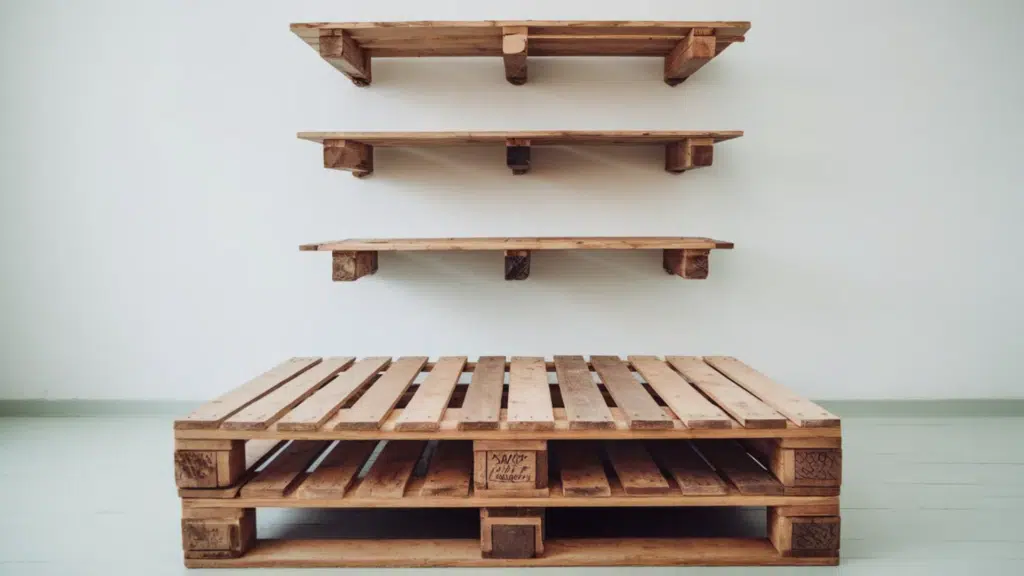 wooden pallet shelves on a white wall